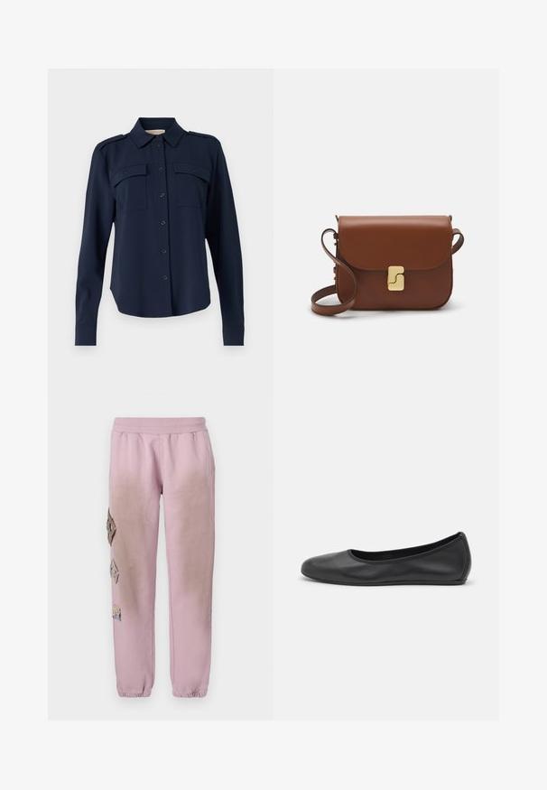 Tummansininen nappipaita pehmeästä kankaasta. Ominaisuuksia ovat kaksi rintataskua, hartiaputket ja pitkät hihat nappikiinnityksellä.; Pitkähihainen valkoinen T-paita, joka on valmistettu ribbitetystä puuvillasta, ja siinä on pyöreä kaula-aukko sekä suora helma. Yksinkertainen muotoilu ilman kuvioita tai yksityiskohtia.; Vaaleanpunaiset hikoiluhousut, joissa on joustava vyötärö, ja vasemmalla puolella koristeellisia timantinmuotoisia alueita, sekä joustavat hihnat nilkoissa.; Musta nahkainen ballerina, jossa on pyöristetty kärki, sileä pinta, minimaalinen ommelkoristelu ja joustava pohjamuotoilu.; Ruskea nahkainen käsilaukku, jossa on läppäkiinnitys, kultasävyiset yksityiskohdat, olkahihna ja sileä pinta. Kompaktin suorakaiteen muotoinen.