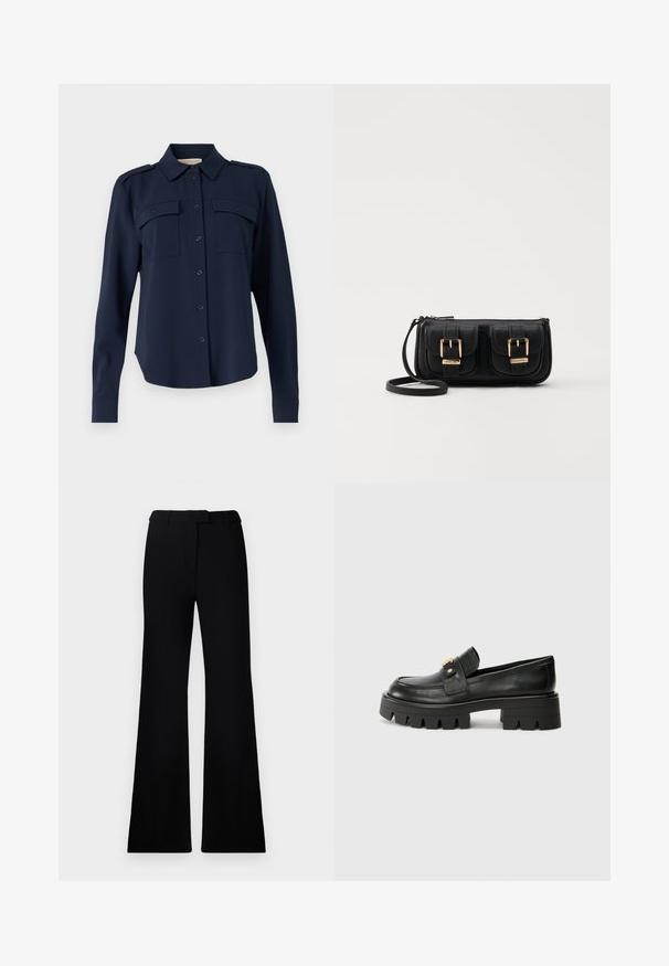 Ναυτικό μπλε πουκάμισο με κουμπιά, φτιαγμένο από μαλακό ύφασμα. Διαθέτει δύο τσέπες στο στήθος, επωμίδες στους ώμους και μακριά μανίκια με κουμπωτές μανσέτες.; Μαύρο φαρδύ παντελόνι με λεία υφή, ραμμένη μέση και εμπρόσθιες τσέπες, σχεδιασμένο με κομψό, σύγχρονο σιλουέτα.; Μαύρες δερμάτινες loafers με χοντρή σόλα, που διαθέτουν ένα χρυσό τόνο μπροστά και λεία φινίρισμα. Σχεδίαση χοντρής προφίλ στη σόλα.; Μαύρη δερμάτινη τσάντα ώμου με δύο μπροστινές τσέπες, χρυσά κούμπωματα, κλείσιμο με φερμουάρ και λεπτό λουρί. Υφή επιφάνειας και κομψό ορθογώνιο σχήμα.