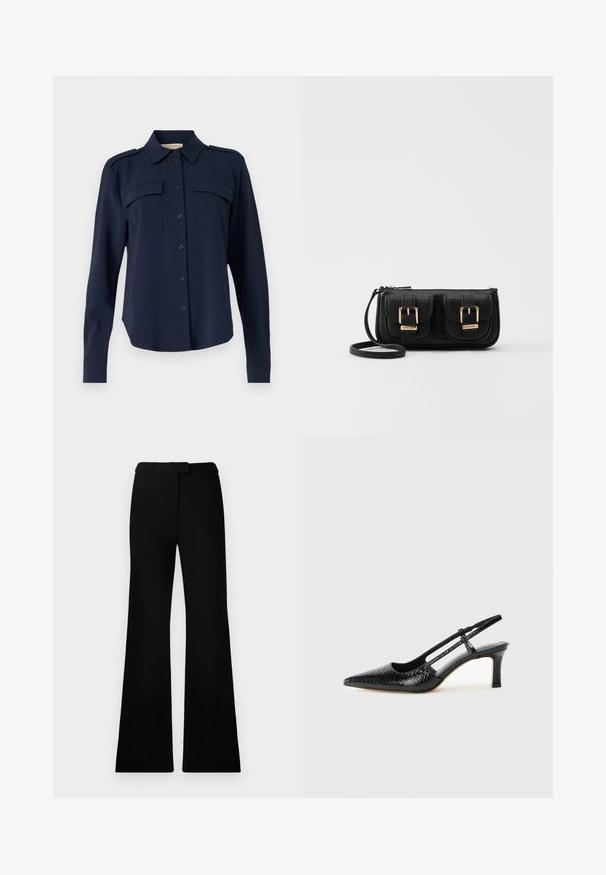 Navy blå button-up skjorte laget av mykt stoff. Har to brystlommer, skulderepauleter og lange ermer med knappedempede manchetter.; Sorte vide bukser med jevn tekstur, skreddersydd linning og frontlommer, designet med en slank, moderne silhuett.; Sorte patent slingback hæl med spids tå, featuring tekstureret slangeskind, justerbar rem og en kort, tekstureret blokhæl.; Svart skinn crossbody veske med to frontlommer, gyldne spenner, glidelåslukking og en slank stropp. Teksturert overflate og kompakt rektangulær form.