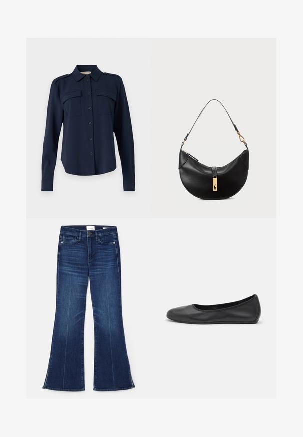 Navy blue button-up shirt made of soft fabric. Features two chest pockets, shoulder epaulets, and long sleeves with buttoned cuffs.; Dark blue flared jeans made from denim. Features a high waist, front pockets, and slit details at the hem. Classic five-pocket design.; Black leather ballet flat with a rounded toe, smooth texture, minimal stitching detail, and a flexible sole design.; Black leather handbag in a half-moon shape. Features a gold hardware accent and a narrow strap. Smooth texture, zipper closure at the top.