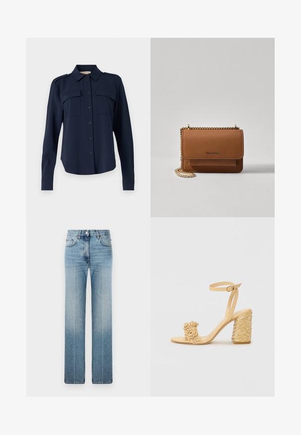 Námornícky modrá košeľa na gombíky vyrobená z jemného materiálu. Obsahuje dve náprsné vrecká, ramenné epauletky a dlhé rukávy s gombíkovými manžetami.; Svetlomodré rovné džínsy vyrobené z denimu, s jemným vyblednutím, klasickým dizajnom piatich vreciek a kovovým zapínaním na gombík v páse.; Béžové sandále na vysokom podpätku s opletenou textúrou, ozdobené kvetinou a popruhom na členku. Štvorcová päta zvyšuje stabilitu.; Hnedá textúrovaná kožená taška cez telo s zlatým reťazovým popruhom a preklopným uzáverom. Predná strana obsahuje detail s logom a vrecko pod preklopkou.
