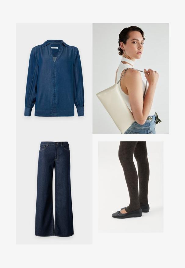 Denimskjorte med en mørkeblå farve, lange ballonærmer, krave og en V-udskæring med en knapfri front. Blød, glat tekstur.; Bredde ben jeans i mørkeblå denim. Har kontrastsyninger, fem lommer og en knaplukning i taljen. Glat tekstur.; Sorte flade sko med en lille sløjfedetalje ved tåen, parret med mørkebrune ribbede strømpebukser. Skoene har en glat overflade og lav profil.; Hvid rektangulær clutch-taske lavet af skinnende materiale, med en sølv kædetransport. Modellen poser, mens hun fremviser tasken mod en ensfarvet baggrund.