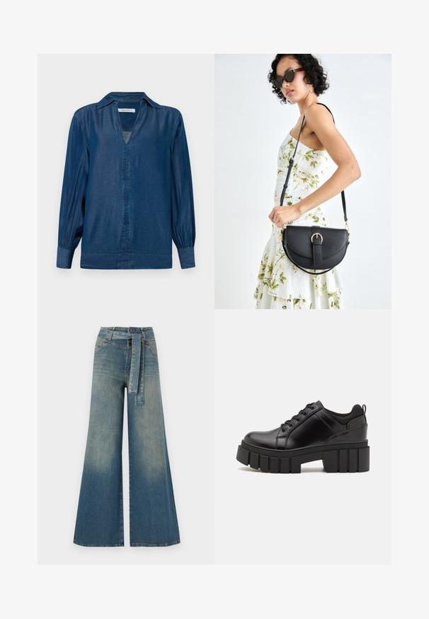 Chemise en denim de couleur bleu foncé, avec de longues manches ballons, un col et un décolleté en V sans boutons sur le devant. Texture douce et lisse.; Pantalons en denim à jambe large présentant un dégradé de bleu clair à bleu foncé, taille haute, passants de ceinture et une ceinture en tissu assortie. Finition en denim texturé.; Chaussures à plateforme en cuir noir avec un talon bloc épais, bout rond et un design traditionnel à lacets. Elles présentent une texture lisse et un détail minimal.; Sac à main en cuir noir avec une forme courbée, bandoulière amovible et des accessoires en or. Le sac est doté d'un rabat avec un détail de boucle.