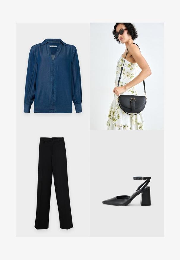 Denim-Hemd in dunkler blauer Farbe, mit langen Ballonärmel, Kragen und V-Ausschnitt ohne Knöpfe an der Vorderseite. Weiche, glatte Textur.; Schwarze, weit geschnittene Hosen aus glattem Stoff, mit einem klassischen Taillenbund und einem Knopfverschluss sowie vorderen Falten.; Schwarze Leder-Pumps mit spitzer Zehe, einem Knöchelriemen und einem blockigen Absatz. Flache Textur, elegantes Design und minimalistische Ästhetik.; Schwarze Lederhandtasche mit geschwungener Form, abnehmbarem Tragegurt und goldenen Beschlägen. Die Tasche verfügt über einen Deckel mit einer Schnallen-Details.