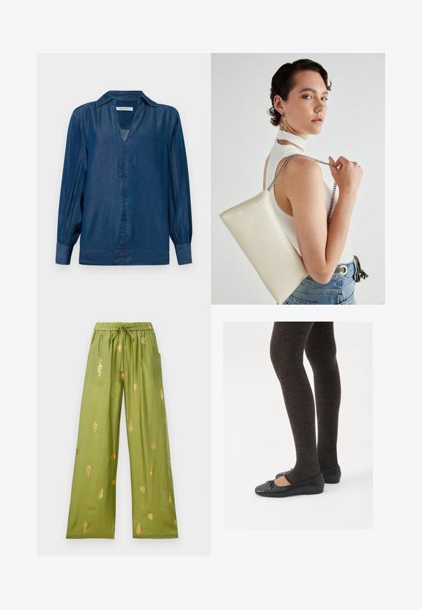 Denim srajca v temno modri barvi, z dolgimi balonastimi rokavi, ovratnikom in V-izrezom brez gumbov. Mehka, gladka tekstura.; Široke olivno zelene hlače z elastičnim pasom in vrvico, okrašene z zlatimi vzorci školjk in vetrnic.; Črne ravne čevlje z majhnim lokom na prstih, v kombinaciji s temno rjavimi rebrastimi nogavicami. Čevlji imajo gladko teksturo in nizko obliko.; Bela pravokotna torbica za ključe iz sijajnega materiala, opremljena s srebrno verižico. Model pozira in prikazuje torbico na enobarvni podlagi.