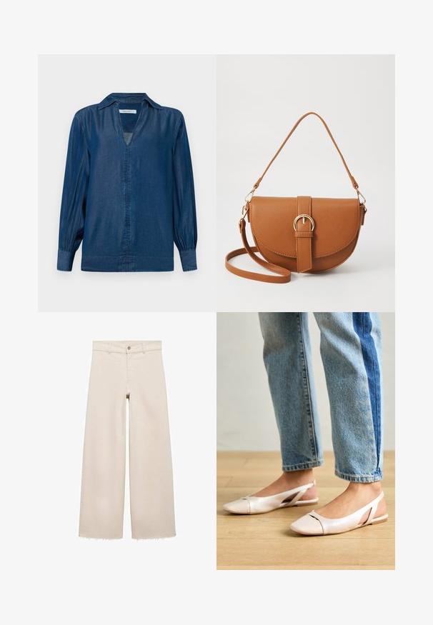 Džínová košile v tmavě modré barvě, s dlouhými balónovými rukávy, límečkem a výstřihem do V bez knoflíků vpředu. Měkká a hladká textura.; Béžové džíny s širokými nohavicemi a vysokým pasem, vybavené knoflíkovým zapínáním, předními kapsami a třepeným lemem. Vyrobeno z džínoviny.; Světle růžové slingback baleríny s špičatou špičkou, vyrobené z hladkého koženému materiálu. Obsahují vystřihovací detaily po stranách a plochý podpatek.; Hnědá kožená křížová taška s zakřiveným tvarem, zlatými detaily a akcentem s přezkou. Obsahuje odnímatelný popruh na rameno.