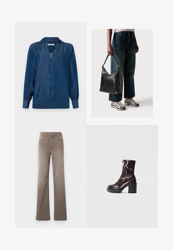 Cămașă din denim cu o nuanță albastru închis, mâneci lungi tip balon, guler și decolteu în formă de V, cu un front fără nasturi. Textură moale și netedă.; Jeans maro cu talie înaltă, drept, cu buton frontal, bucle pentru curea și design clasic cu cinci buzunare, pe un fundal alb.; Botine lucioase burgundy, cu toc gros negru, având o textură netedă și un design simplu. Fără închideri sau modele vizibile.; Geantă de umăr din piele neagră, cu o textură netedă și curea ajustabilă, asortată cu blugi evazați și adidași.