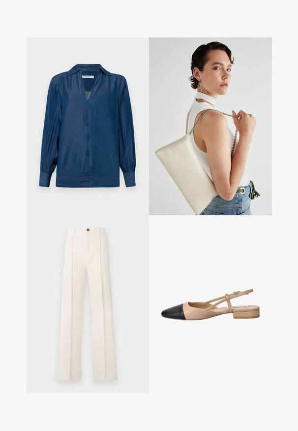 Camicia in denim di colore blu scuro, con maniche lunghe a palloncino, colletto e scollo a V senza bottoni sul davanti. Texture morbida e liscia.; Pantaloni bianchi a gamba larga con vita alta, caratterizzati da due pinces frontali, chiusura con un bottone e tasche. Tessuto a trama liscia.; Scarpa slingback bicolore beige e nera con punta affilata, tacco piatto e dettaglio a fascia incrociata. Texture in pelle liscia.; Borsa a pochette rettangolare bianca realizzata in materiale lucido, con una tracolla in catena argentata. Il modello posa, mostrando la borsa su uno sfondo semplice.