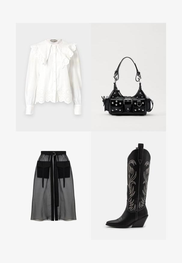 Valge pluus kõrge krae, volangäärise ja lillemustriga lõigatud pitsdetailidega allosas. Nupuga esiosa ja pikad varrukad.; Must mustriga seelik, millel on kogutud vöökoht, kaks suurt esitaskut, vöötie ja ringikujuline metallaktsent.; Mustad mustad nahast cowboy saapad terava ninaga, vööndkanna ja hõbedaste tikanditega lillemustritega varred. Kontrastõmblused üle kogu.; Must värvi nahast käekott, millel on kaarjas disain, hõbedased nupukesed, kinnitusahe ja kaks külgtaskut. Reguleeritav rihm erinevate kandmisvõimaluste jaoks.