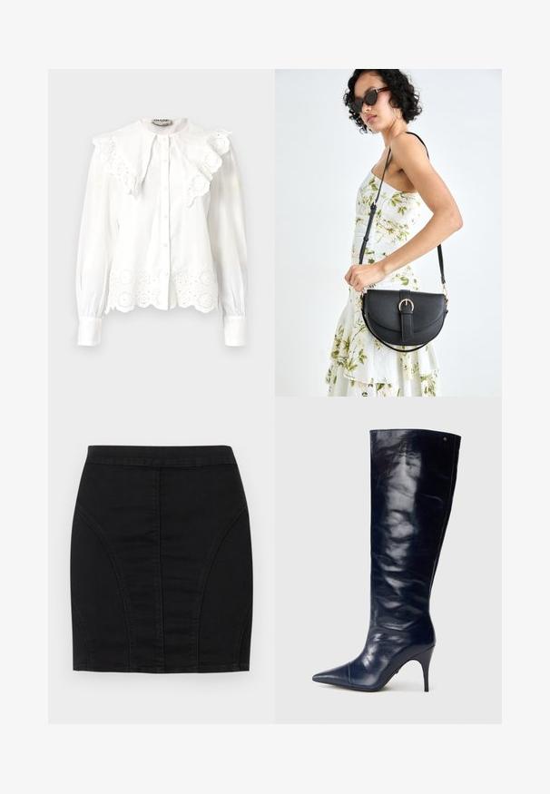 Blusa blanca con un cuello alto, con adornos de volante y detalles de encaje con corte floral en el dobladillo. Con botones en la parte delantera y mangas largas.; Mini falda de mezclilla negra con un diseño ajustado, paneles estructurados y costuras visibles para un detalle adicional. Textura suave y silueta elegante.; Bota de cuero azul marino hasta la rodilla, acabado brillante, punta afilada, tacón stiletto delgado, diseño sin costuras, con un sutil acento dorado.; Bolso de piel negra con forma curva, correa desmontable y herrajes dorados. El bolso cuenta con una solapa con un detalle de hebilla.