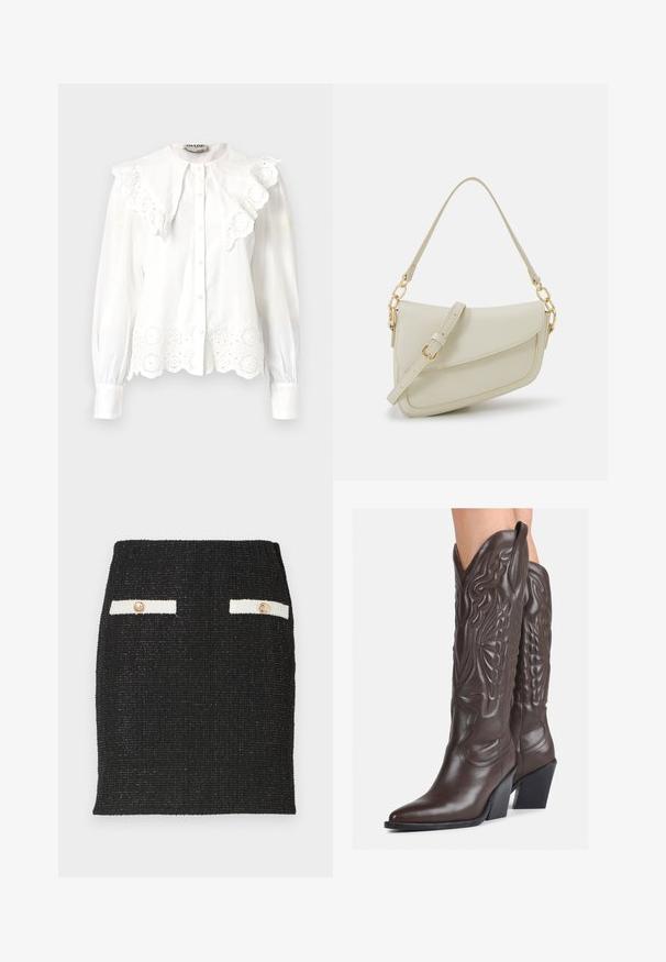 Blusa branca com colarinho alto, acabamento em babados e detalhes de renda floral com recortes na barra. Frente com botões e mangas longas.; Top desportivo sem mangas, de cor branca, feito de tecido canelado, com decote arredondado e silhueta justa, apresentando costuras mínimas e sem adornos.; Saia de tweed preta com tecido texturizado e um design ajustado. Apresenta dois detalhes de bolso brancos com botões em tom de ouro.; Botas de cowboy em couro castanho com bico pontudo e salto quadrado, apresentando costuras detalhadas e realces elevados no cano.; Pequena bolsa de creme com um acabamento texturizado, uma alça longa ajustável, um detalhe em corrente e um fecho de aba. Detalhes em hardware dourado.