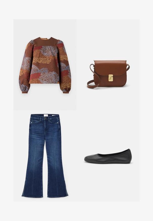 Brown long-sleeve blouse featuring a textured floral pattern in blue, red, and gold. Solid brown yoke and gathered puff sleeves.; Dark blue flared jeans made from denim. Features a high waist, front pockets, and slit details at the hem. Classic five-pocket design.; Black leather ballet flat with a rounded toe, smooth texture, minimal stitching detail, and a flexible sole design.; Brown leather handbag with a flap closure, gold-tone hardware, a shoulder strap, and a smooth texture. Compact rectangular shape.
