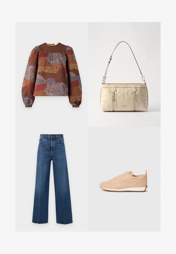 Pruun pikka varrukaga pluus, millel on tekstuurne lillemuster sinise, punase ja kuldse värviga. Ühtlane pruun õlg ja kogutud puffvarrukad.; Sinised laiad teksad, mis on valmistatud denimist, kõrge vöökoht, esikotid ja kontrastõmblused. Kangas on sileda tekstuuriga.; Kahvatu nahast tossud helesinise värviga, millel on tekstuurne viimistlus, valge põhi ja sakilised mustrid. Sidumisvõime disain, ilma nähtava brändi märgistuseta.; Bež nahk tasku hõbedase riistvaraga, kahe külgse lukuga, struktuurne disain ja eemaldatav rihm mitmekesiste kandmisvõimaluste jaoks.