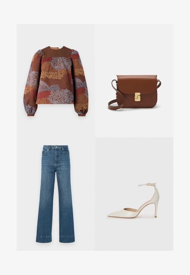 Smeđa bluzica dugih rukava sa teksturiranim cvjetnim uzorkom u plavoj, crvenoj i zlatnoj boji. Čvrsti smeđi jaram i nabirane rukave s puff efektom.; Široke plave traperice imaju visoki struk, dizajn s pet džepova i poderan rub. Tkanina ima glatku teksturu s laganim izbljeđivanjem.; Bijela kožna visoko potpetica s oštrim vrhom, remenom oko članaka i tankom stiletto potpeticom. Glatka tekstura s blagim sjajnim završetkom.; Smeđa kožna torba s preklopom, zlatnim detaljima, remenom za nošenje preko ramena i glatkom teksturom. Kompaktni pravokutni oblik.