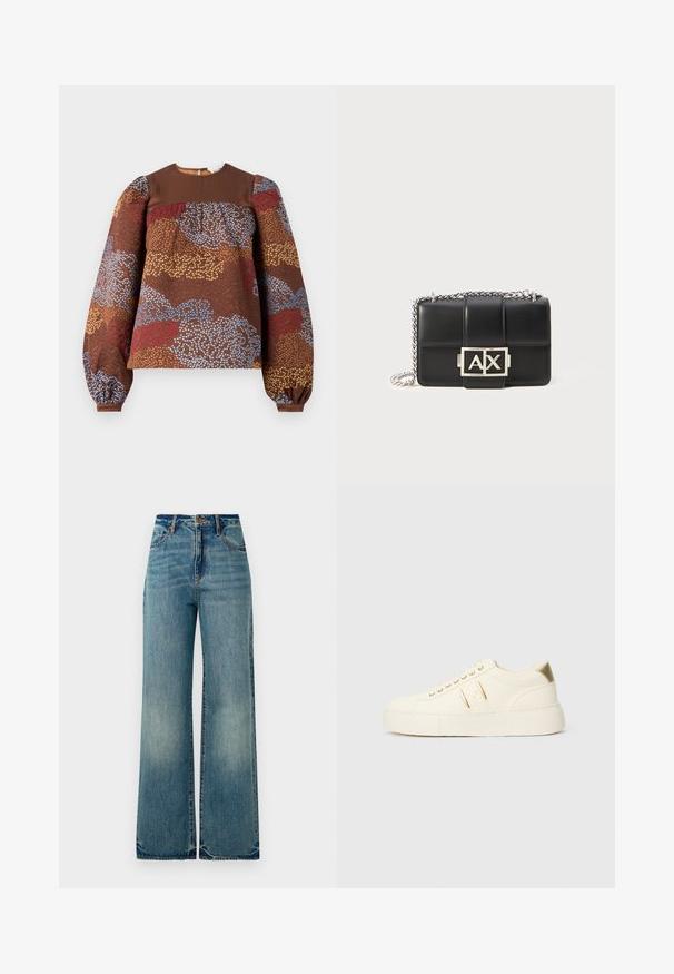 Blusa de manga longa castanha com um padrão floral texturizado em azul, vermelho e dourado. Gola sólida castanha e mangas bufantes franzidas.; As calças de ganga de perna larga em azul-claro apresentam uma cintura alta, cinco bolsos e bainhas ligeiramente desfiadas, destacando um acabamento texturizado e desbotado.; Sapatilhas de cano baixo em tom creme com detalhes dourados, atacadores e a marca em relevo "Armani Exchange" na sola e na etiqueta lateral.; Pasta de couro preto com design acolchoado, alça de corrente prateada e um proeminente logótipo prateado "AX" na frente. Forma retangular compacta.