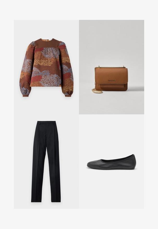 Blusa marrone a maniche lunghe con un motivo floreale testurizzato in blu, rosso e oro. Yoke solido marrone e maniche a sbuffo arricciate.; Pantaloni neri realizzati in tessuto morbido, caratterizzati da vita alta, gambe larghe, pince frontali e classiche passanti per cintura. Non ci sono tasche laterali visibili.; Pantofole da balletto nere in pelle con punta arrotondata, texture liscia, dettagli di cucitura minimi e design con suola flessibile.; Borsa a tracolla in pelle marrone con texture, dotata di catena dorata e chiusura a pattina. Sul davanti presenta un dettaglio con logo e una tasca sotto la pattina.