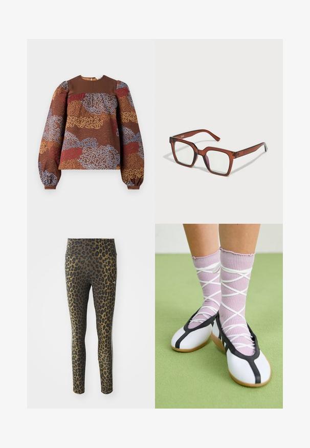 Blusa marrone a maniche lunghe con un motivo floreale testurizzato in blu, rosso e oro. Yoke solido marrone e maniche a sbuffo arricciate.; Leggings con stampa leopardata, dotate di una vita alta, tessuto elasticizzato e dettagli neri su una base marrone chiaro, progettati per comfort e vestibilità.; Scarpe bianche flat con bordi e suola nera, abbinate a calze a coste di un delicato viola chiaro con fasce bianche incrociate. Ambientate su uno sfondo verde.; Occhiali rettangolari oversize marroni con lenti trasparenti e una leggera sfumatura rosa sulla lente destra. Montatura in plastica con texture liscia.