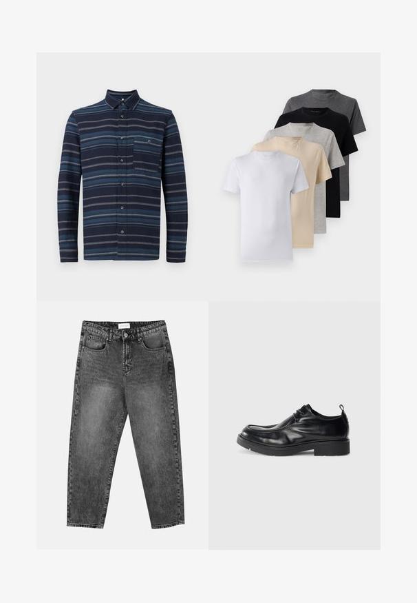 Košile s dlouhým rukávem a knoflíky, která má námořnické pozadí se střídajícími se modrými vodorovnými pruhy, límec a kapsu na prsou. Měkká textilie.; Sada pěti triček s krátkým rukávem v bílé, béžové, světle šedé, tmavě šedé a černé barvě. Vyrobena z hladké bavlny, s designem kulatého výstřihu.; Černé prané rovné džíny s předními a zadními kapsami, poutky na opasek a knoflíkovým zapínáním v pase.; Černé kožené společenské boty s kulatou špičkou, šněrováním a dekorativním švem. Obsahují silnou, texturovanou gumovou podrážku a patní úchyt.