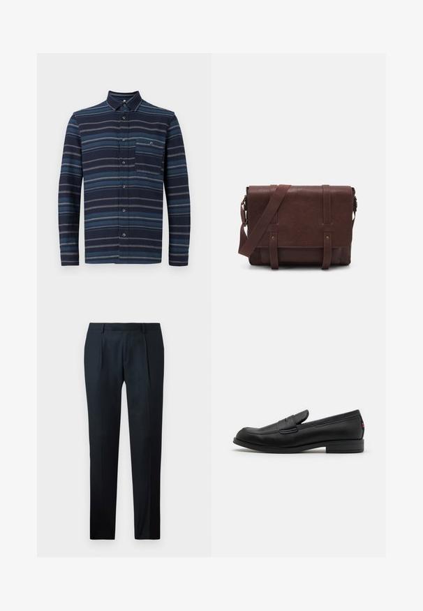 Camisa de botões de mangas longas com fundo azul-marinho e riscas horizontais em vários tons de azul, colarinho e um bolso no peito. Tecido macio ao toque.; Calças pretas ajustadas, feitas de um tecido suave, com um design slim fit, duas pregas frontais e uma cintura plana sem fechos visíveis.; Mocassim de couro preto com um acabamento suave, bico arredondado e uma pequena aba decorativa. Apresenta um salto baixo em camadas e um detalhe de branding discreto.; Mala mensageiro de couro castanho com uma aba frontal plana, duas correias, detalhes em metal dourado e uma alça de ombro ajustável.