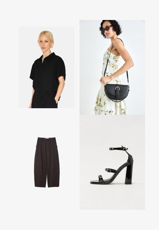 Čierna košeľa na gombíky s krátkym rukávom a golierom, ktorá má vrecko na hrudi a jemný textilný povrch. Dizajn je uvoľnený a jednoduchý.; Čierne široké nohavice vyrobené z hladkej tkaniny, s vysokým pásom, prednými skladmi a bočnými vreckami. Jednoduchý dizajn bez ozdôb.; Čierne lakované sandále na podpätku so štvorcovou špičkou, navlečenými remienkami okolo členku a striebornými prackami. Disponujú masívnym blokovým podpätkom pre stabilitu.; Čierna kožená kabelka s zaobleným tvarom, odnímateľným popruhom a zlatými doplnkami. Kabelka má klopu s detailom s prackou.