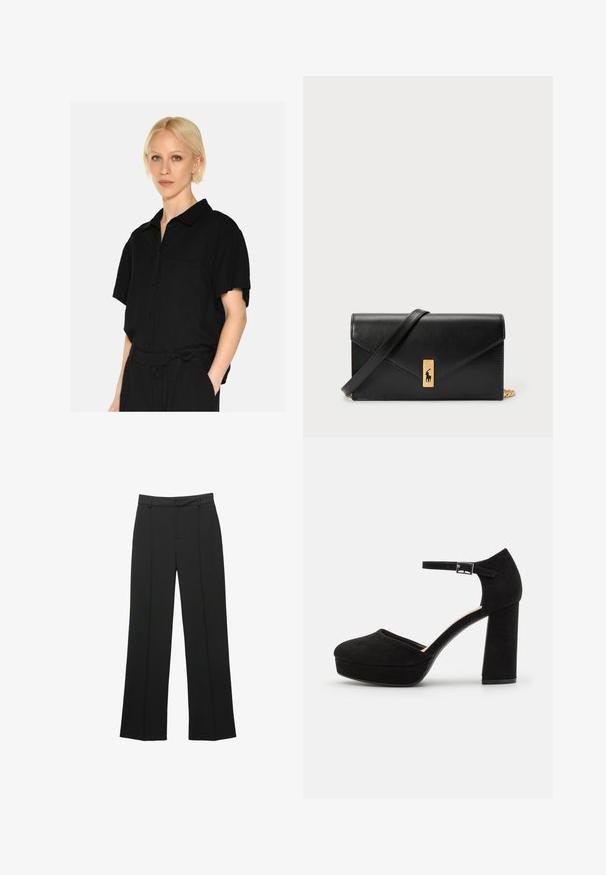 Črna kratkosleeve srajca na gumbe s ovratnikom, ki ima žep na prsih in mehak tekstil. Oblikovanje je sproščeno in poenostavljeno.; Črne hlače z ravnimi hlačnicami iz gladkega blaga, z ravnim sprednjim delom, zankami za pas in brez vidnih žepov, s krojenim krojem.; Črne semiš platform škornje z debelim blokastim peto, zaobljenim nosom in gležnjico, ki jo drži kovinska zaponka. Gladka tekstura po celotni površini.; Črna usnjena denarnica s prepognjenim pokrovom, zlato okovje, ki vključuje poudarek z logotipom. Vključuje odstranjljivo naramnico za nošenje.