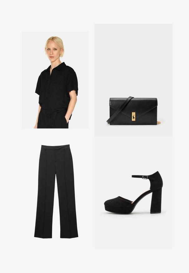 Camicetta nera a maniche corte con bottoni e colletto, dotata di tasca sul petto e con una texture di stoffa morbida. Il design è rilassato e lineare.; Pantaloni neri a vita alta, di taglio ampio, con passanti per cintura e dettaglio della cucitura frontale, presentati su uno sfondo bianco.; Scarpe con tacco a piattaforma nere in suede, dotate di un spesso tacco a blocco, punta arrotondata e cinturino alla caviglia fissato da una fibbia in metallo. Texture liscia su tutta la superficie.; Portafoglio in pelle nera con pattina a pieghe, accessori dorati, con un logo decorativo. Include una tracolla staccabile per il trasporto.