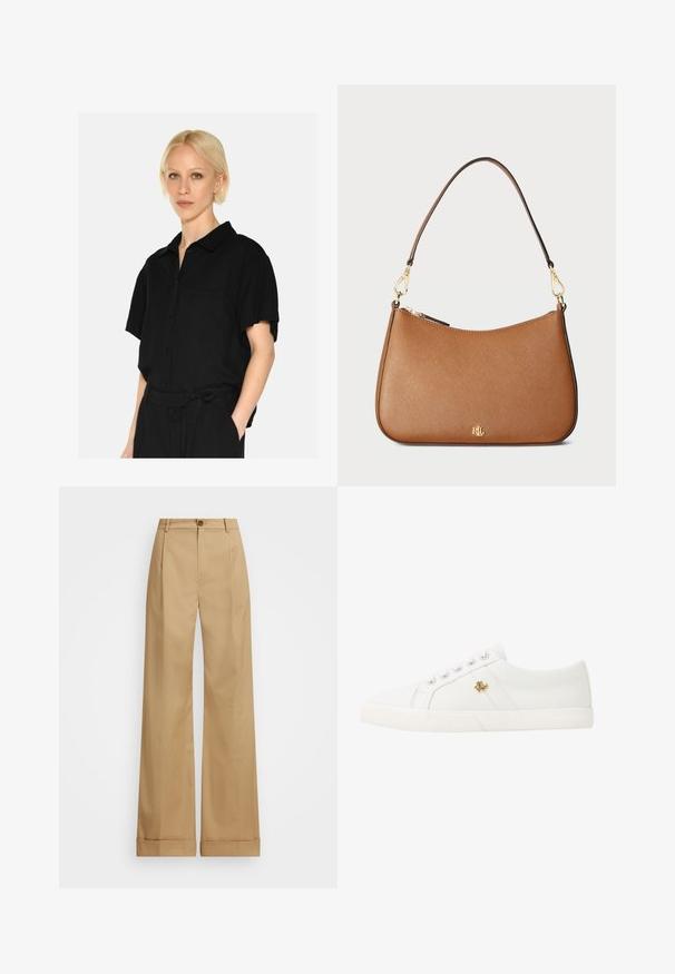 Zwarte korte mouwen knoopshirt met een kraag, voorzien van een borstzak en een zachte stofstructuur. Het ontwerp is ontspannen en gestroomlijnd.; Beige wijde broek met een knoopsluiting, voorzien van een soepele textuur en persplooien. Met afgeronde zoom voor extra detail.; Lauren Ralph Lauren JANSON II CANVAS SNEAKER - Sneakers laag - optic white; Bruine, gestructureerde leren handtas met een gebogen vorm, goudkleurige hardware en een enkele schouderriem. Voorzien van een ritssluiting en een logo-detail.