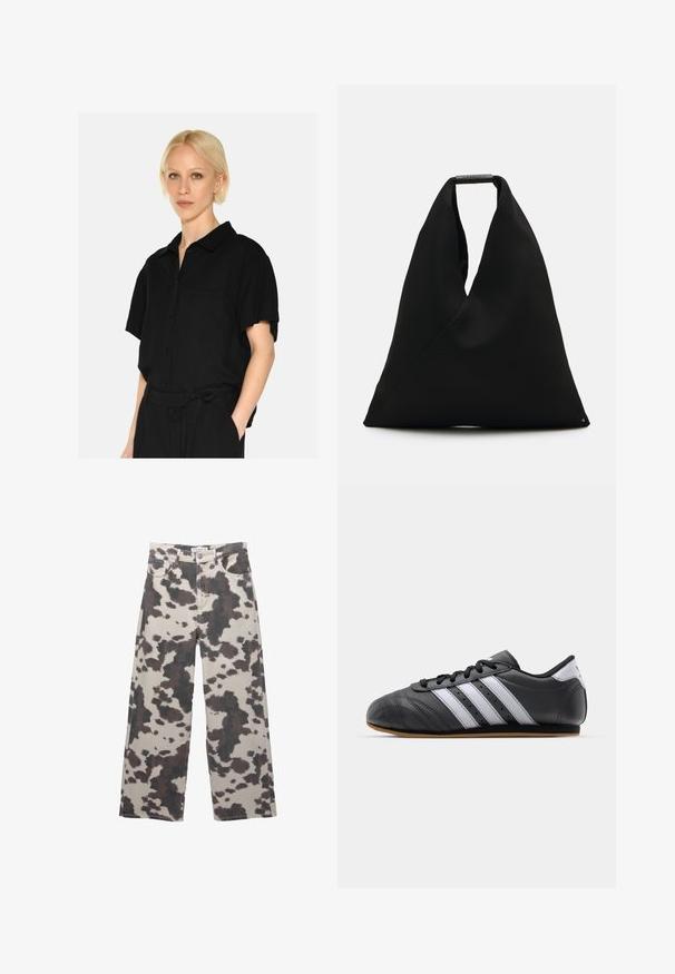 Črna kratkosleeve srajca na gumbe s ovratnikom, ki ima žep na prsih in mehak tekstil. Oblikovanje je sproščeno in poenostavljeno.; Široke jeans hlače v bež barvi z rjavim vzorcem kravjega tiska. Imajo zaklep na gumb in pet žepov. Narejene so iz denim tekstila.; Črne usnjene športne čevlje z belimi črtami, okroglo konico, ravnim podplatom in vezalnim zapiranjem. Ima perforacije za zračnost.; Črna tkanina torba za na ramena z edinstvenim V-oblikovanim dizajnom in gladko teksturo. Ima kratek ročaj z minimalističnimi kovinskimi detajli.