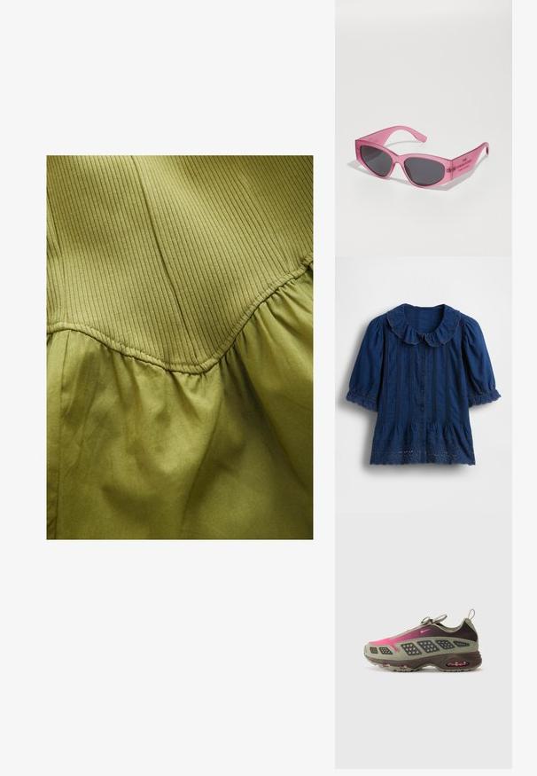 Tumši zila blūze ar apaļu, mežģīņu apkakli, īsām pūstām piedurknēm, vertikālām kroku līnijām un izgriezumu apdari pie apakšmalas. Priekšā ar pogām aiztaisāma.; Olīvu zaļš audums ar vertikālu ribotu tekstūru augšējā daļā un mīkstu saplacinātu tekstūru apakšā, ar izliekta šuvju detaļām.; Sporta apavi, kas veidoti no olīvzaļas un tumši brūnas krāsas materiāliem ar rozā akcentiem. Rakstaina virsa un redzama gaisa amortizācija zole.; Rozā caurspīdīgas saulesbrilles ar stūrainu kaķa acs formu, tumši tonētiem objektīviem un iegravētu tekstu uz tempļa "SAULESBRILLES".