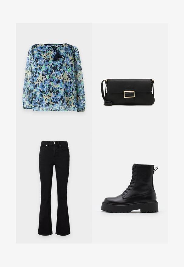 Caura blūze ar zilu, zaļu un melnu ziedu rakstu, apaļu kakla izgriezumu ar aukliņu un divām pušķiem. Garas, vieglas piedurknes.; Melni zvilnēti džinsi ar izplestiem iekšējiem galiem, ar vidēju vidukļa augstumu, priekšējām kabatām un pogu aizdari. Gluda tekstūra ar minimālām šuvju detaļām.; Melni ādas potītēm zābaki ar apļveida purngalu, auklām priekšpusē un biezu gumijas zoli ar teksturētu protektoru. Velkšanas cilpa aizmugurē.; Melnas ādas saķeres soma ar atloku un zelta metāla sprādzi. Ietver melnu siksnu un elegantu, minimālistisku dizainu.
