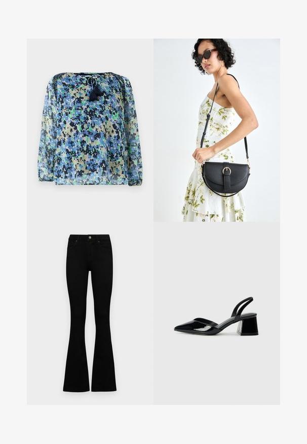 Áttetsző blúz kék, zöld és fekete virágmintával, kerek nyakkal és húzózsinórral, valamint két bojtával. Hosszú, laza ujjak.; Fekete, magas derekú farmernadrág gomb- és cipzárzárral, elülső zsebekkel és harangszárral, laposan egy fehér háttérre terítve.; Fekete lakk bőr szandálkés magas sarkú cipő, hegyes orral és geometrikus tömbsarkakkal. Karcsú, minimalista dizájn és sima textúra jellemzi.; Fekete bőrtáska ívelt formával, levehető pánttal és arany színű fémrészekkel. A táskán egy csattal díszített fedél található.