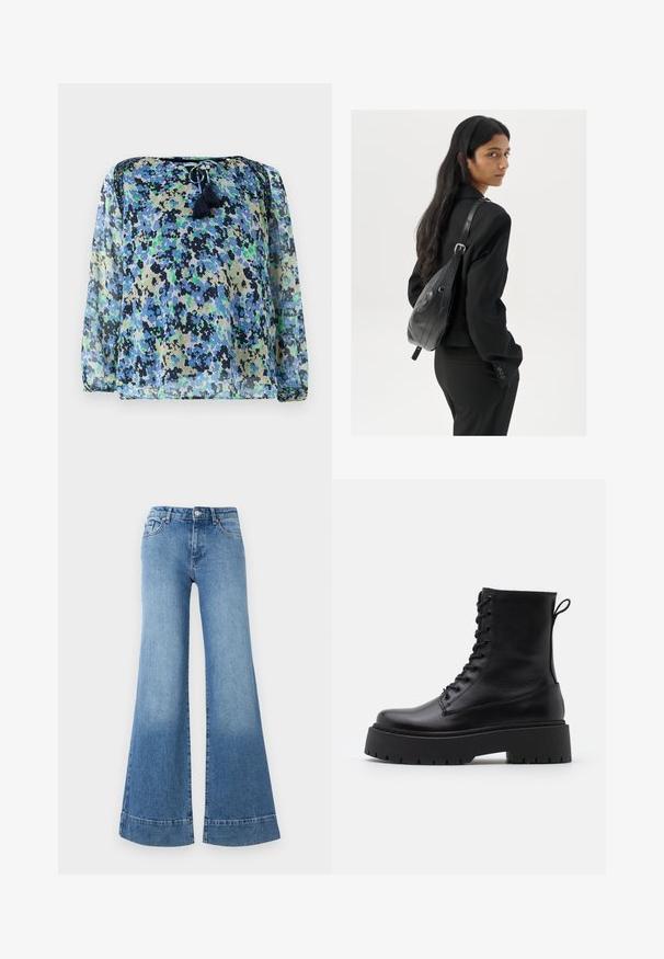 Sheer blouse featuring a blue, green, and black floral pattern, round neckline with drawstring, and two tassels. Long, billowy sleeves.; Light blue denim flared jeans with a high waist, wide legs, and a slight fade. Features classic five-pocket design and metal button closure.; Black leather ankle boots with a round toe, lace-up front, and a thick rubber sole featuring a textured tread. Pull tab at the back.; Woman with long dark hair wearing a black suit, carrying a black leather shoulder bag, looking over her shoulder against a white background.