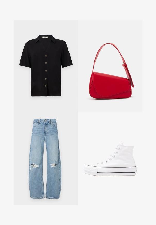 Black short-sleeve shirt with a collared neckline, featuring a button front with round brown buttons and a relaxed fit. Smooth fabric texture.; Light blue, high-waisted jeans made of denim. Feature wide legs, two torn knee areas, and classic five-pocket styling.; White high-top canvas sneaker with black rubber sole, front rubber toe cap, and six eyelets for laces, featuring a clean, minimalist design.; Red leather handbag with an angular, geometric design. Features a single adjustable strap and a flap closure with stitched detailing.