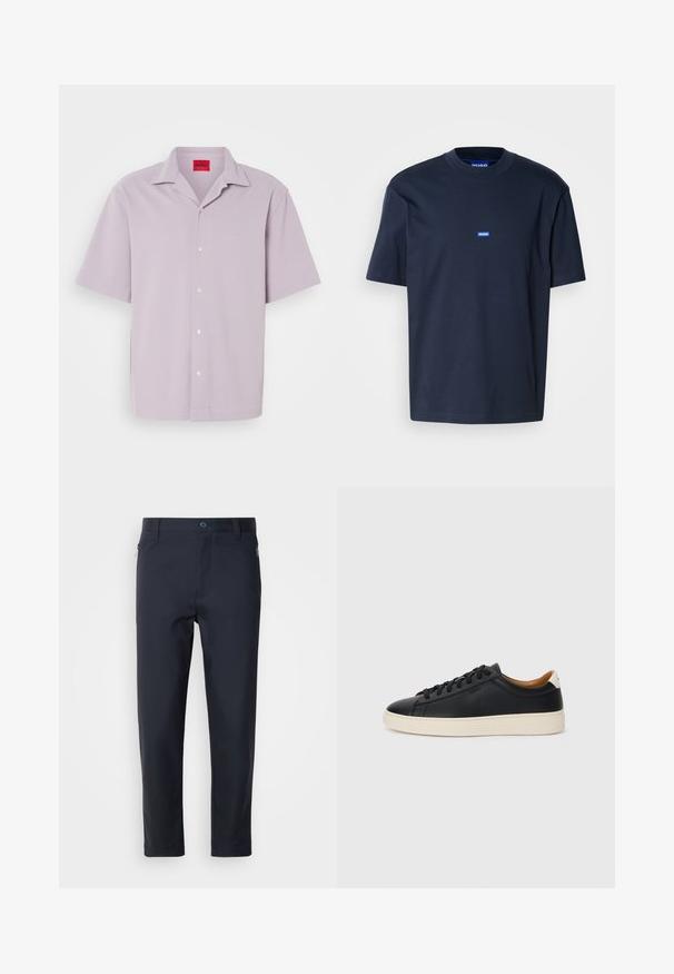 Vaaleanlila lyhythihainen paita, joka on valmistettu teksturoidusta kankaasta; siinä on napillinen etuosa ja kirjailtu logo samassa värissä.; T-paita tummansinisestä puuvillasta, jossa on pyöreä pääntie, lyhyet hihat ja pieni sininen logo rinnassa. Sileä tekstuuri, rento istuvuus.; Tummansiniset räätälöidyt housut, jotka on valmistettu sileästä kankaasta. Housuissa on vetskareilla varustettu tasku, suorat lahkeet ja nappisuljenta vyötäröllä.; Mustat nahkasneakerit, joissa on sileä pinta, beige kumipohja, nauhakiinnitys ja erottuva kanta-aksentti.