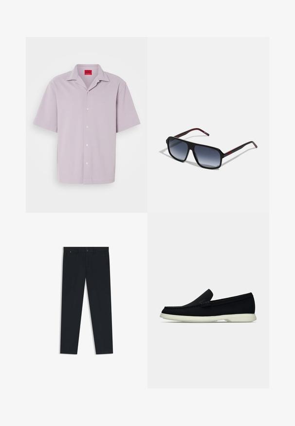 HelllilaKurzarmhemd aus strukturiertem Stoff; verfügt über eine Knopfleiste und ein gesticktes Logo in passender Farbe.; Herren-Hosen in dunklem Marineblau aus leichtem Stoff. Mit Knopfverschluss, Gürtelschlaufen und zwei Seitentaschen. Gerade Beinform.; Schwarzer Slipper mit runder Zehenpartie, präsentiert sich mit einem strukturierten Obermaterial, glatter weißer Sohle und einem dezenten Branding-Detail an der Seite.; Schwarze rechteckige Sonnenbrille mit grauen Verlaufsgläsern. Mit roten Akzenten an den Bügeln und einem glatten Kunststoffrahmen.
