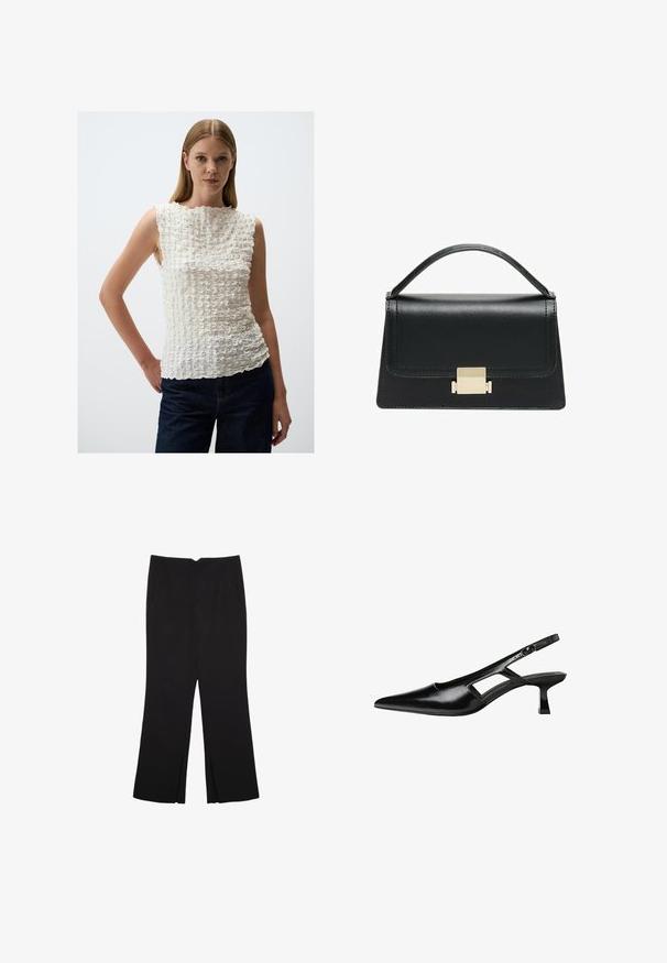 White sleeveless top with a textured, ruffled pattern. Features a high neckline and uneven hem, complemented by dark denim pants.; Black trousers with a straight fit, featuring front pockets and side slits at the hem. Made of soft, smooth fabric. Suitable for various occasions.; Black patent leather slingback heels with a pointed toe, cut-out side design, and a small square heel. Smooth texture with minimal accents.; Black leather handbag with a structured design, top handle, and a gold metal clasp detail on the front. Smooth texture, minimal stitching.