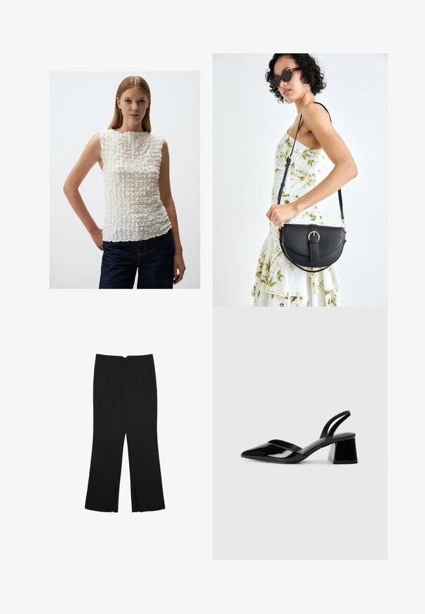 Haut sans manches blanc avec un motif texturé et froncé. Il présente un col montant et un ourlet irrégulier, complété par un pantalon en denim noir.; Pantalon noir avec une coupe droite, doté de poches avant et d'éclairs sur l'ourlet. Fabriqué en tissu doux et lisse. Convient à diverses occasions.; Escarpins en cuir verni noir avec bout pointu et talon bloc géométrique. Présente un design élégant et minimaliste ainsi qu'une texture lisse.; Sac à main en cuir noir avec une forme courbée, bandoulière amovible et des accessoires en or. Le sac est doté d'un rabat avec un détail de boucle.