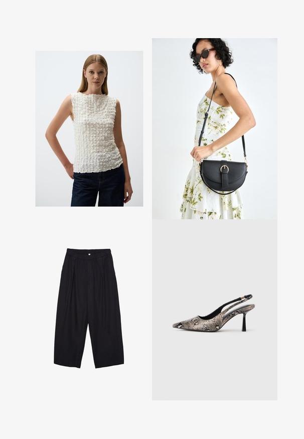 Witte mouwloze top met een textuur en een gerimpeld patroon. Beschikt over een hoge halslijn en een oneffen zoom, aangevuld met donker denim broek.; Zwarte polyester culottes met een elastische tailleband, twee voorkreukels en een losse pasvorm. Geen zichtbare patronen of hardware-details.; Puntige slingback schoenen van textuur leer met slangenprint, met een slanke zwarte hak en een uitgesneden ontwerp aan de zijkanten.; Zwarte leren handtas met een gebogen vorm, afneembare schouderband en gouden hardware. De tas heeft een klep met een gespsluiting.