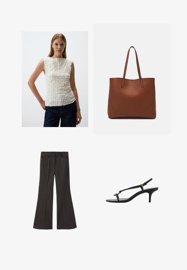 Weißes ärmelloses Top mit strukturiertem, gerüschtem Muster. Verfügt über einen hohen Kragen und einen asymmetrischen Saum, ergänzt durch eine dunkle Denim-Hose.; Schwarze, weit geschnittene Hosen mit hoher Taille; verfügt über zwei Fronttaschen und eine glatte Stoffoberfläche. Geeignet für verschiedene Anlässe.; Schwarze Leder-Kitten-Heel-Sandale mit dünnen Riemen, goldener Schnalle und minimalistischer Zehen-Schlaufe vor einem weißen Hintergrund.; Braune Leder-Tote mit glatter Textur, offenem Oberteil und zwei Schulterriemen. Verfügt über minimale Nähte und keine sichtbaren Beschläge.