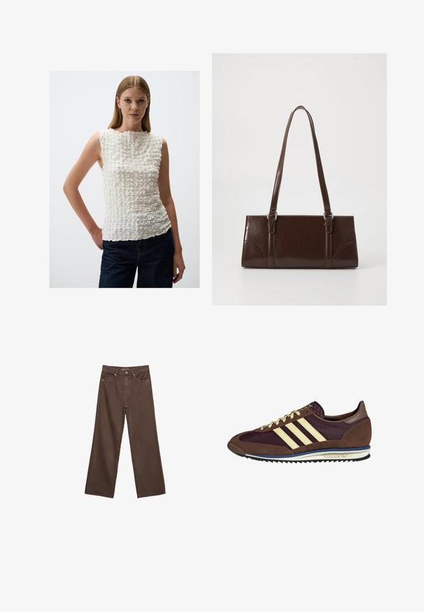 Top bianco senza maniche con un motivo testurizzato e ondulato. Presenta un collo alto e un orlo irregolare, abbinato a pantaloni in denim scuro.; Jeans a gamba larga marroni in denim, con vita alta, tasche anteriori e chiusura a bottone classica. Tessuto liscio con cuciture sottili.; Sneaker marrone e bordeaux realizzato in materiali scamosciati e in rete, caratterizzato da tre strisce color crema, tessuto testurizzato sulla linguetta e suola in gomma.; Borsa in pelle verniciata marrone di forma rettangolare, con due manici lunghi e sottili accenti curvi sul davanti.