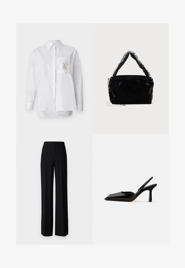 Weißes Hemd aus Baumwolle mit einer linken Brusttasche, die mit einem in Hellbraun gestickten Monogramm verziert ist. Lange Ärmel und gerader Saum.; Schwarze weite Hosen mit einer glatten Textur, ausgestattet mit einem hohen Bund und mittleren Falten. Keine sichtbaren Muster oder Hardware-Details.; Schwarzer Leder Slingback-Absatz mit spitz zulaufender Zehenpartie, minimalistisches Design, dünner Knöchelriemen und eleganter Stiletto-Absatz. Glatte Textur.; Schwarze Handtasche aus Kunstleder mit strukturiertem Finish, ausgestattet mit einem mit Perlen verzierten silbernen Akzent am oberen Griff und einem Kettenriemen.