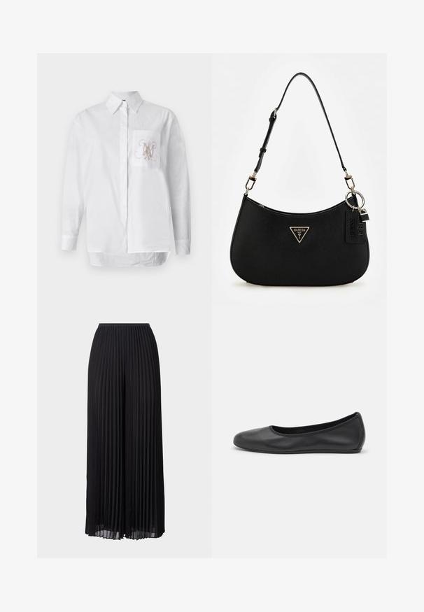 Hvid skjorte med knapper lavet af bomuld, med en venstre brystlomme med et broderet monogram i lys brun. Lange ærmer og lige kant.; Sorte plisserede bukser med vide ben og elastisk talje. Lavet af letvægtsstof med lodrette folder over hele. ; Sort læderballetsko med rund tå, glat tekstur, minimal syning og et fleksibelt såldesign.; Sort syntetisk skuldertaske med en buet silhuet, tekstureret overflade, gyldent trekantet logo og aftagelige hardware-detaljer.