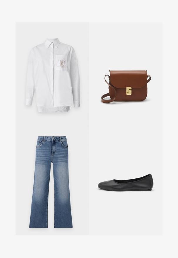 White button-up shirt made of cotton, featuring a left chest pocket with an embroidered monogram in light brown. Long sleeves and straight hem.; Light blue denim wide-leg jeans with a high waist, featuring front pockets, a button closure, and a faded pattern on the legs.; Black leather ballet flat with a rounded toe, smooth texture, minimal stitching detail, and a flexible sole design.; Brown leather handbag with a flap closure, gold-tone hardware, a shoulder strap, and a smooth texture. Compact rectangular shape.