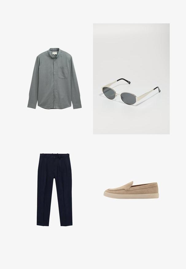 Lichtgrijs button-up shirt met een spread collar, lange mouwen en een enkele borstzak. Gemaakt van zacht, geweven materiaal.; Maritieme broek van gladde stof, met een iets getailleerde pasvorm, voorplooien, riemlussen en een enkel knoopsluiting.; Beige nubuck instapper met een ronde neus en gestikte details. Lichtgekleurde rubberen zool met een laag profiel.; Zonnebril met ovale grijze lenzen, zilveren metalen frame en zwarte accenten op de pootjes. Beschikt over een strak ontwerp en minimale hardware.