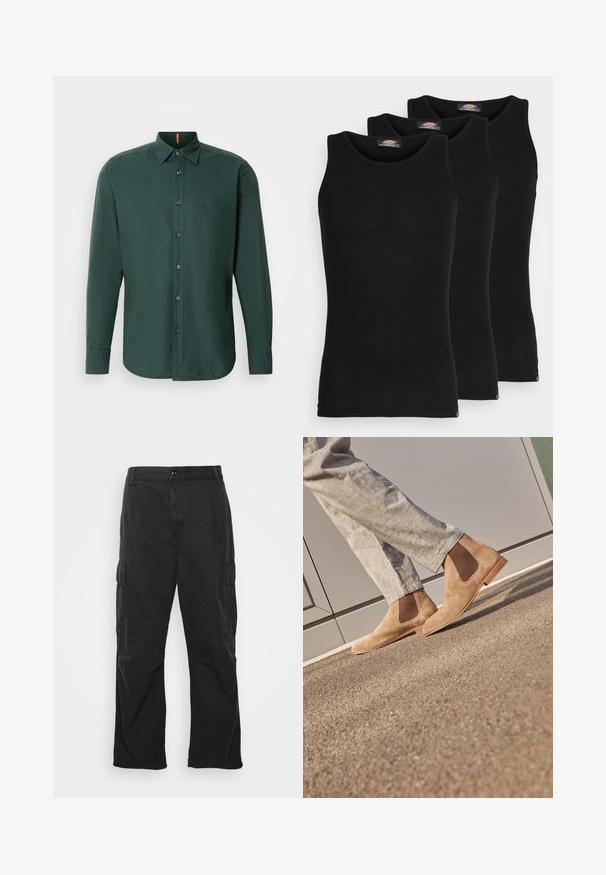 Tmavozelená košeľa s dlhým rukávom vyrobená z bavlny, s golierom na gombíky, prednými gombíkmi a diskrétnym logom značky na hrudi.; Čierne tielka v balení po troch kusoch. Ríflový povrch, klasický okrúhly výstrih, bez rukávov. Lem obsahuje malé logo značky na spodnej strane.; Čierne cargo nohavice so strihom rovného nohavice, ktoré majú dve bočné vrecká, zapínanie na gombík a textúrovanú tkaninu.; Hnedé semišové Chelsea topánky s elastickými bočnými panelmi a hladkou svetlohnedou gumovou podrážkou, v kombinácii s svetlošedými nohavicami na textúrovanom povrchu.