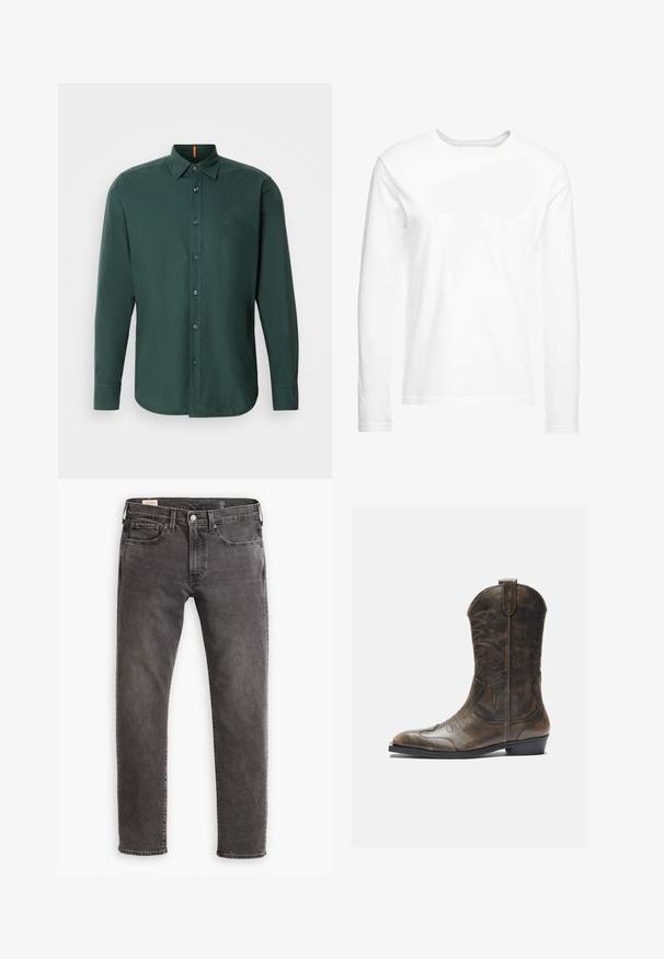 Tumši zaļš garām piedurknēm krekls, kas izgatavots no kokvilnas, ar pogām uz apkakles, priekšējām pogām un smalku zīmola logotipu uz krūtīm.; Garā piedurkņu balta T-krekls, kas izgatavots no mīksta kokvilnas. Apaļa kakla izgriezuma forma ar taisnām apakšmalām un bez redzamām rakstiem vai grafikas.; Pelēki denima džinsi ar taisnu griezumu, piecu kabatu dizainu un pogu aizdari. Satur vieglu izbalēšanu un tonālu šuvju izstrādājumu visā virsmā.; Brūnas ādas kovboju zābaki ar garu kāju, norādītu purngalu, sarežģītām šuvju rakstībām un mazu papēdi. Virsma ar faktūru visā zābakā.