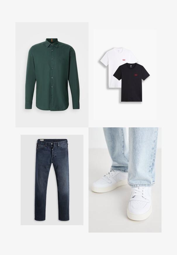 Donkergroene langdrukshirt gemaakt van katoen, met een button-down kraag, knopen aan de voorkant en een subtiele merklogo op de borst.; Twee t-shirts met korte mouwen: één wit en één zwart. Beide gemaakt van katoen met een rood Levi's logo op de borst. Eenvoudig ontwerp met ronde hals.; Donkerblauwe denim jeans met een rechte pijp, voorzien van een rits en metalen knopen, en koperen klinknagels. Gladde textuur, geen zichtbare patronen.; Witte leren lage sneakers met geperforeerde neus, platte veters en een minimalistisch ontwerp. Gecombineerd met lichtblauwe denim jeans.