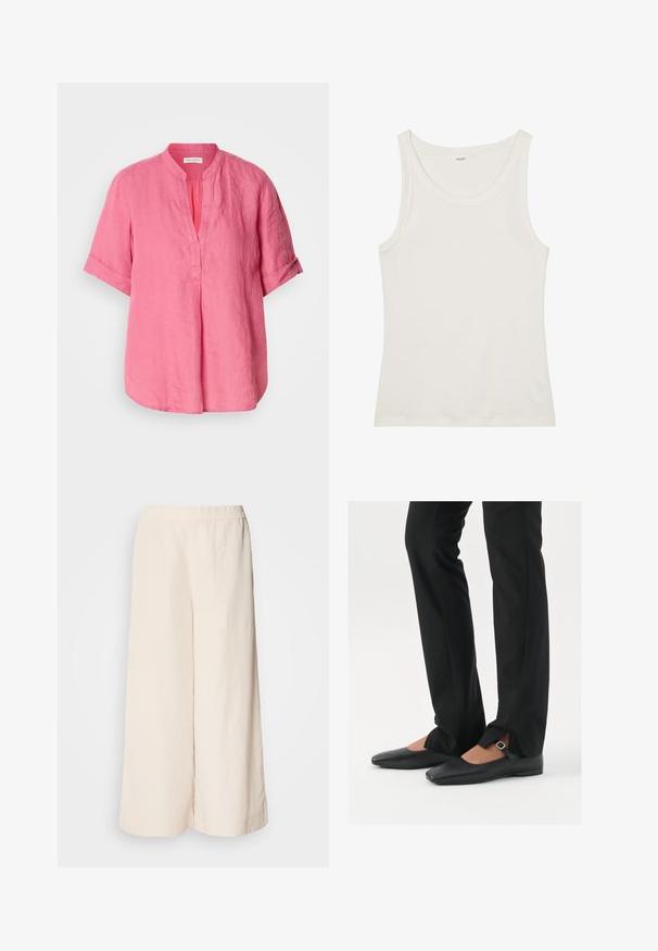 Blusa de linho rosa com colarinho mandarim, mangas curtas e dobradas, e uma casa na frente, apresentando um ajuste solto e uma bainha ligeiramente arredondada.; Top de algodão branco, sem mangas, com um decote largo e alças finas. Textura suave sem padrões ou adornos visíveis.; Calças largas cremes com cintura elástica, apresentando um corte descontraído e textura suave, adequadas para uso casual.; Sapatilhas de balé pretas em couro com bico fino, tira com fivela prateada, combinadas com calças pretas ajustadas com bainha fendida.