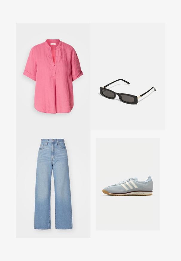 Pink linen blouse with a mandarin collar, short rolled sleeves, and a placket at the front, featuring a relaxed fit and slightly rounded hem.; Light blue high-waist wide-leg jeans with front button and zip closure, front and back pockets, on a white background.; Light blue suede sneaker with white three stripes, rubber sole, and textured mesh. Features a smooth toe cap and branding on the heel.; Black rectangular sunglasses with dark lenses, glossy plastic frames, and gold accents on the temples. Minimalist design and sleek shape.