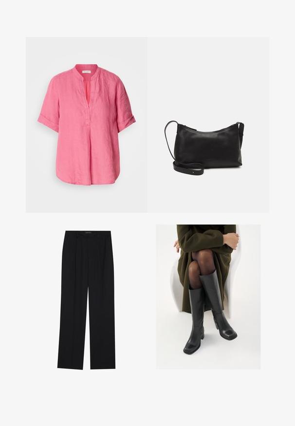 Rozā lina blūze ar mandarinveida apkakli, īsām sarullētām piedurknēm un priekšējo spraugu, piedāvā brīvu piegriezumu un nedaudz noapaļotu apakšmalu.; Melni bikses ar taisnu kāju dizainu, kurām ir divi priekšējie kabatas un jostasvieta. Izgatavotas no gludas, vieglas auduma.; Ceļgalu augstuma melni ādas zābaki ar kvadrātu purngalu un bloku papēdi, attēloti modelī, kurš sēž olīvu zaļā mētelī. Gluda tekstūra, minimāla apdare.; Melna ādas plecu soma ar gludu tekstūru, izliekta forma, regulējama siksna un rāvējslēdzēja aizdare. Minimālistisks dizains bez rotājumiem.